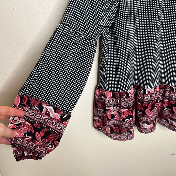Style & Co Black Pink Floral Check Print Boho Blouse Large - Picture 3 of 9